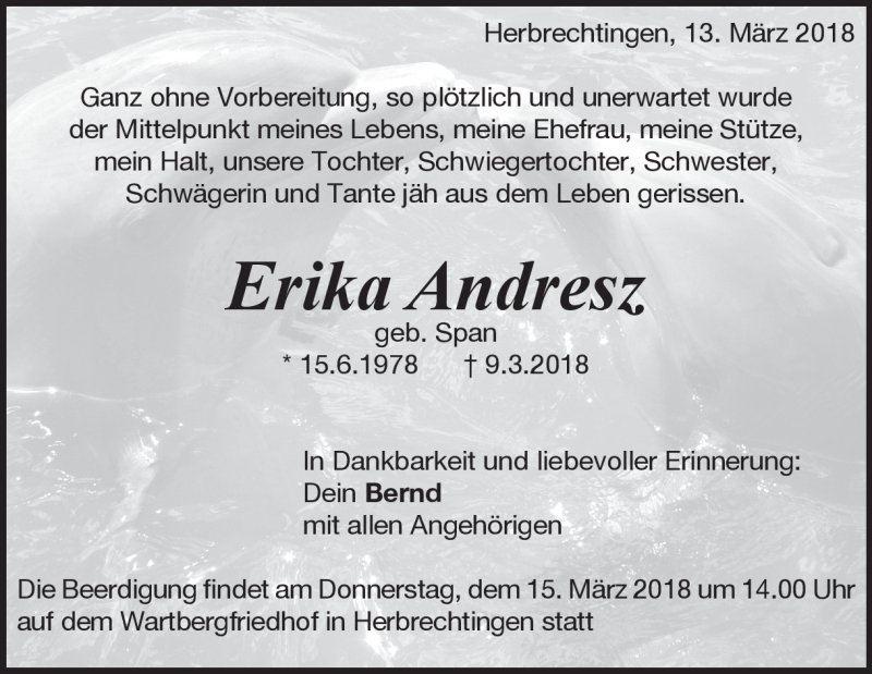  Traueranzeige für Erika Andresz vom 13.03.2018 aus Heidenheimer Zeitung