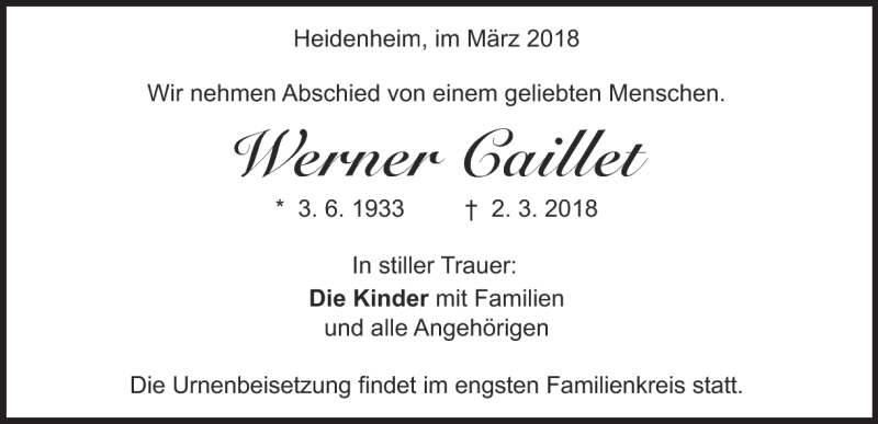  Traueranzeige für Werner Caillet vom 06.03.2018 aus Heidenheimer Zeitung