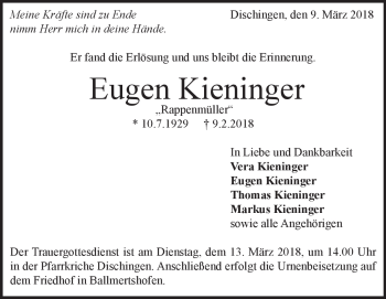 Traueranzeige von Eugen Kieninger von Heidenheimer Zeitung