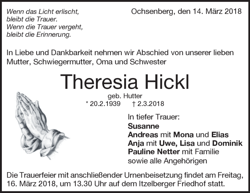  Traueranzeige für Theresia Hickl vom 14.03.2018 aus Heidenheimer Zeitung