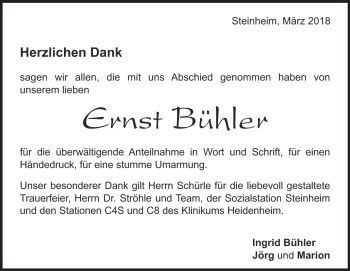 Traueranzeige von Ernst Bühler von Heidenheimer Zeitung