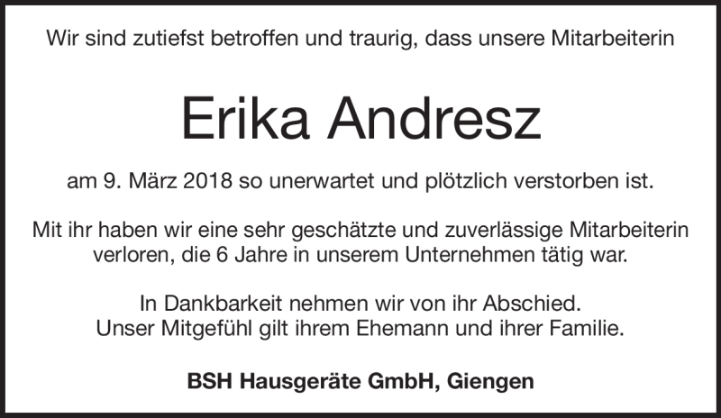  Traueranzeige für Erika Andresz vom 17.03.2018 aus Heidenheimer Zeitung