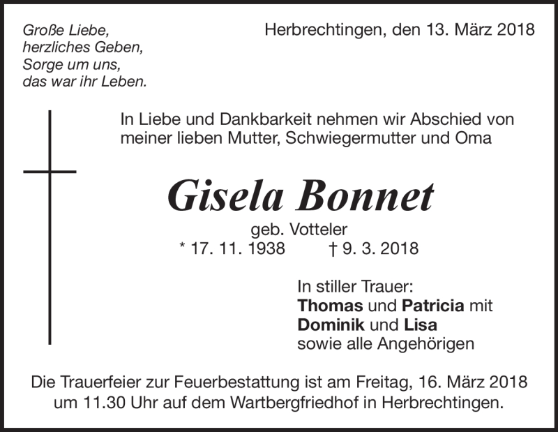  Traueranzeige für Gisela Bonnet vom 13.03.2018 aus Heidenheimer Zeitung