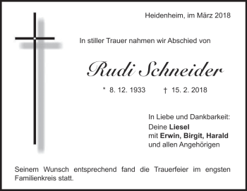 Traueranzeige von Rudi Schneider von Heidenheimer Zeitung