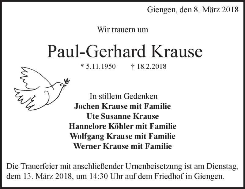  Traueranzeige für Paul-Gerhard Krause vom 08.03.2018 aus Heidenheimer Zeitung