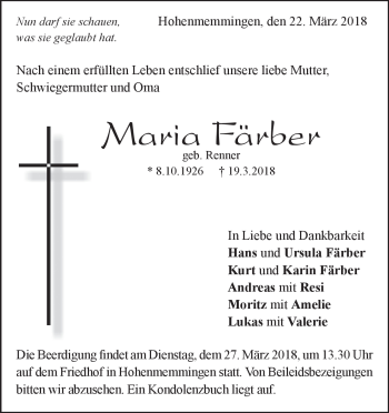 Traueranzeige von Maria Färber von Heidenheimer Zeitung