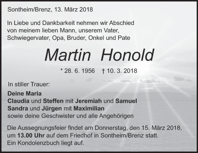  Traueranzeige für Martin Honold vom 13.03.2018 aus Heidenheimer Zeitung