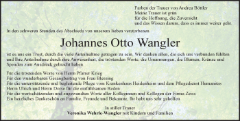 Traueranzeige von Johannes Otto Wangler 