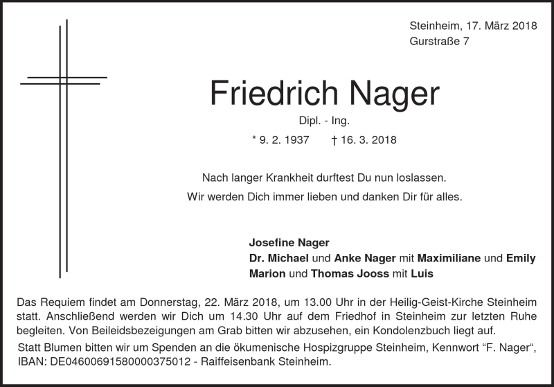 Traueranzeige für Friedrich Nager vom 17.03.2018 aus Heidenheimer Zeitung