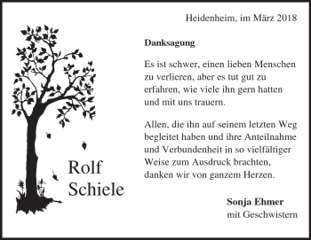 Traueranzeige von Rolf Schiele von Heidenheimer Zeitung