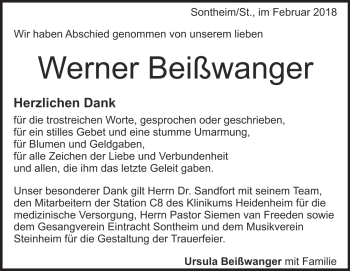 Traueranzeige von Werner Beißwanger von Heidenheimer Zeitung