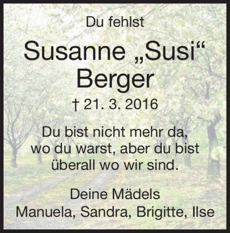  Traueranzeige für Susanne Berger vom 21.03.2018 aus Heidenheimer Zeitung