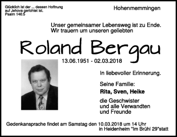 Traueranzeige von Roland Bergau von Heidenheimer Zeitung