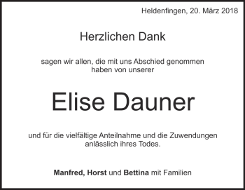 Traueranzeige von Elise Dauner von Heidenheimer Zeitung