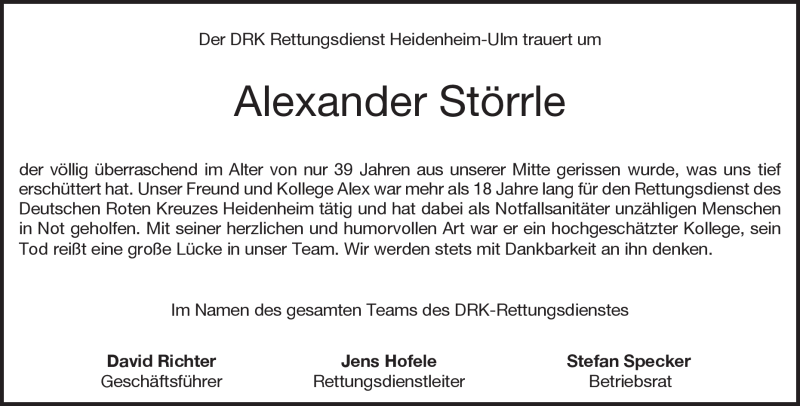  Traueranzeige für Alexander Störrle vom 27.03.2018 aus Heidenheimer Zeitung