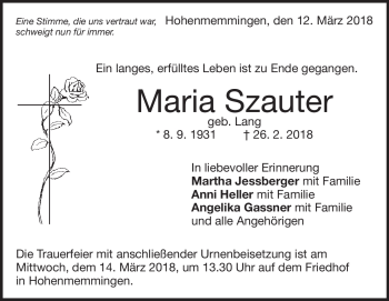 Traueranzeige von Maria Szauter von Heidenheimer Zeitung