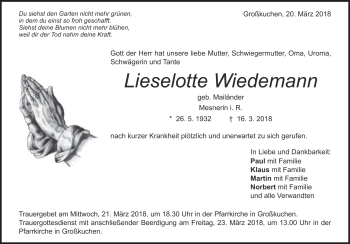 Traueranzeige von Lieselotte  Wiedemann von Heidenheimer Zeitung