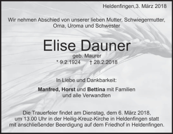 Traueranzeige von Elise Dauner von Heidenheimer Zeitung