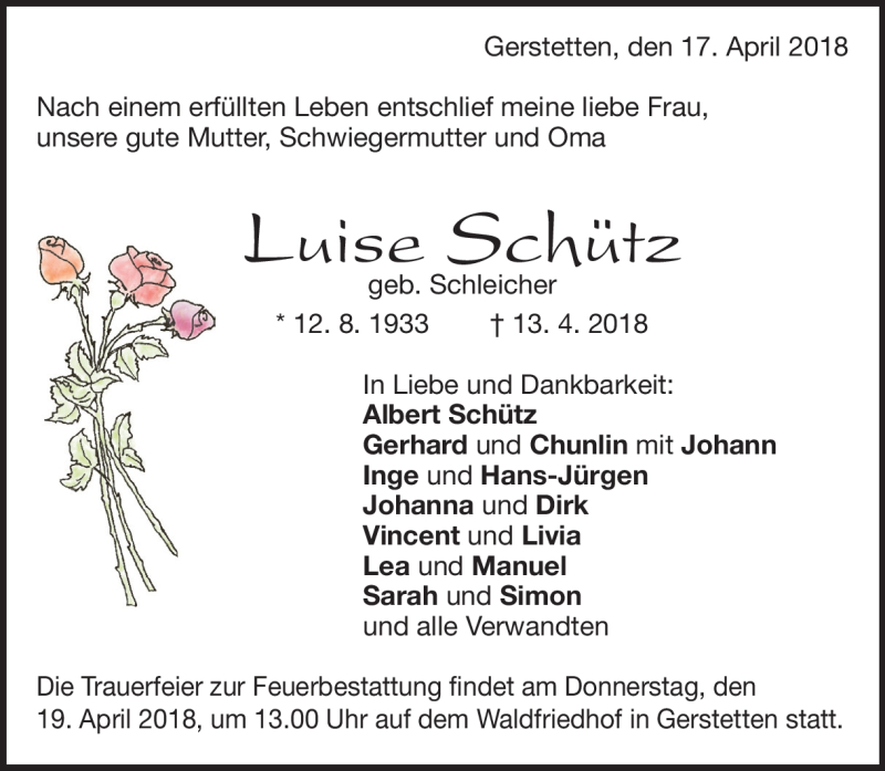  Traueranzeige für Luise Schütz vom 17.04.2018 aus Heidenheimer Zeitung