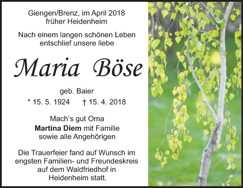  Traueranzeige für Maria Böse vom 20.04.2018 aus Heidenheimer Zeitung