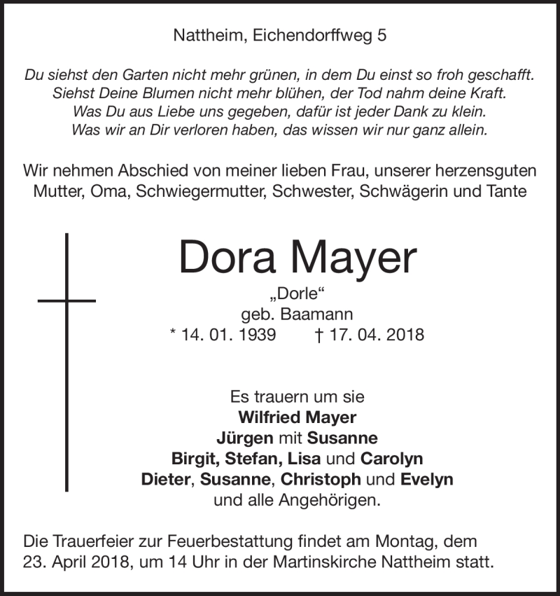  Traueranzeige für Dora Mayer vom 19.04.2018 aus Heidenheimer Zeitung