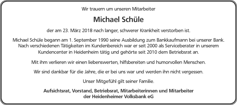  Traueranzeige für Michael Schüle vom 11.04.2018 aus Heidenheimer Zeitung