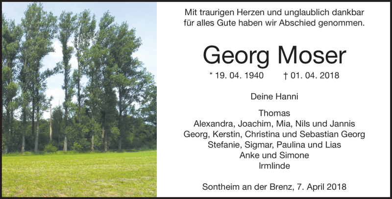  Traueranzeige für Georg Moser vom 07.04.2018 aus Heidenheimer Zeitung