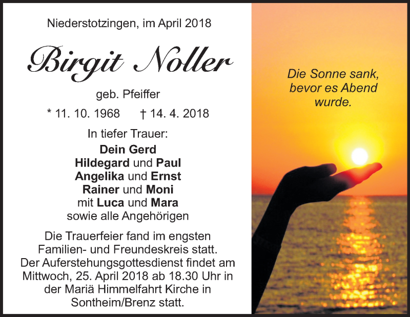  Traueranzeige für Birgit Noller vom 20.04.2018 aus 