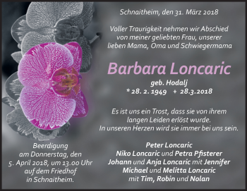 Traueranzeige von Barbara Loncaric 