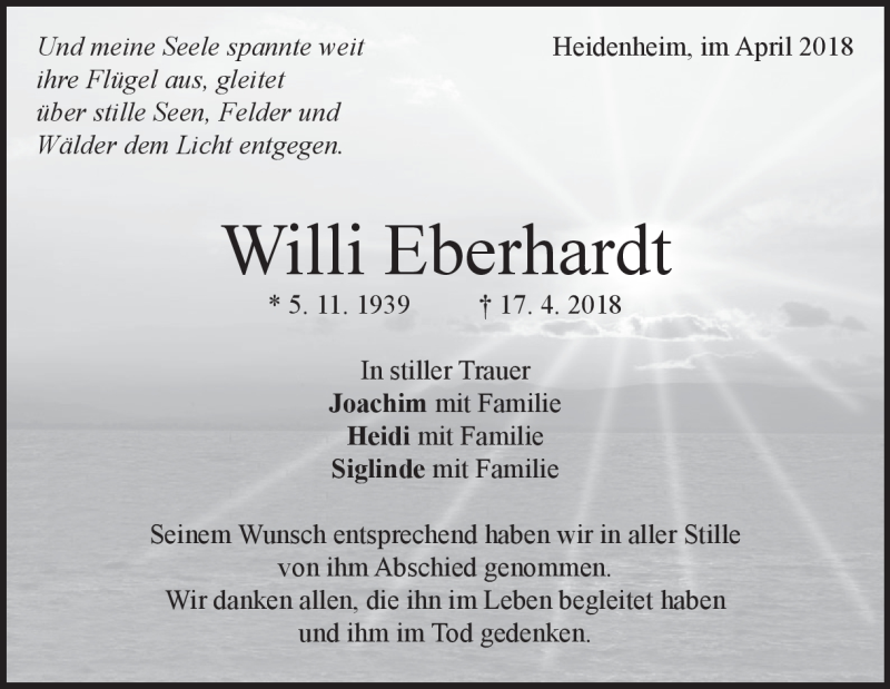  Traueranzeige für Willi Eberhardt vom 28.04.2018 aus Heidenheimer Zeitung