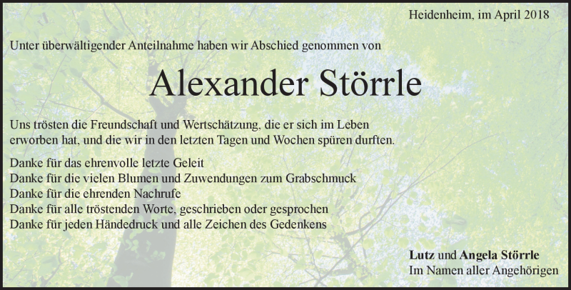  Traueranzeige für Alexander Störrle vom 18.04.2018 aus Heidenheimer Zeitung