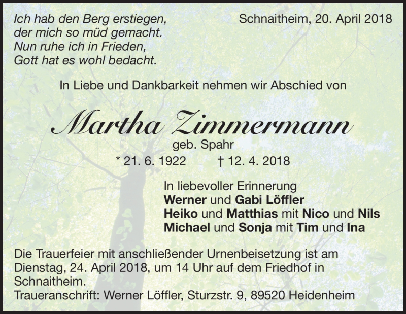  Traueranzeige für Martha Zimmermann vom 20.04.2018 aus Heidenheimer Zeitung