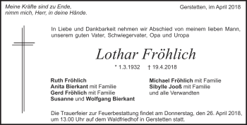 Traueranzeige von Lothar Fröhlich von Heidenheimer Zeitung