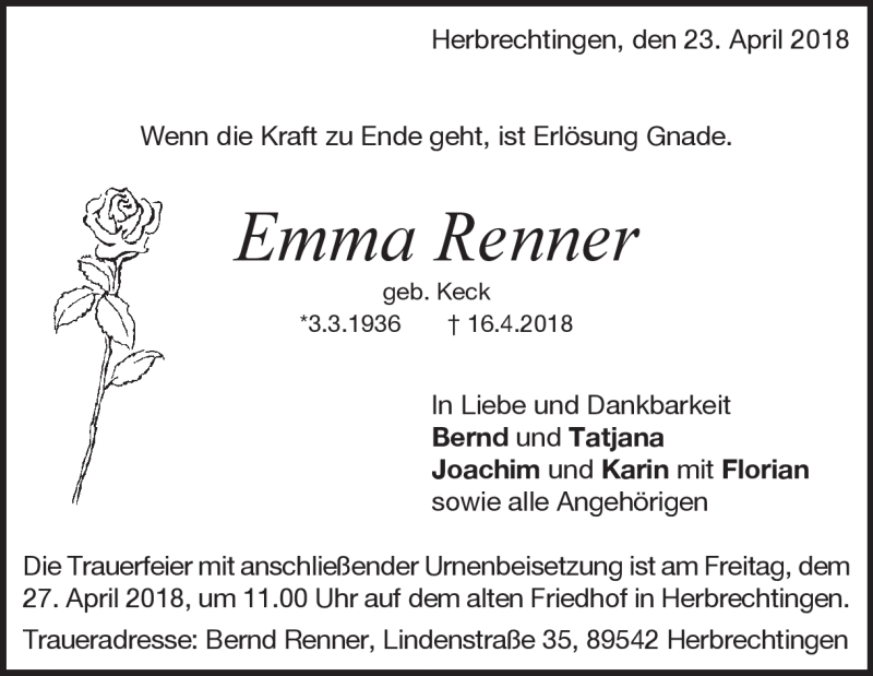  Traueranzeige für Emma Renner vom 23.04.2018 aus Heidenheimer Zeitung