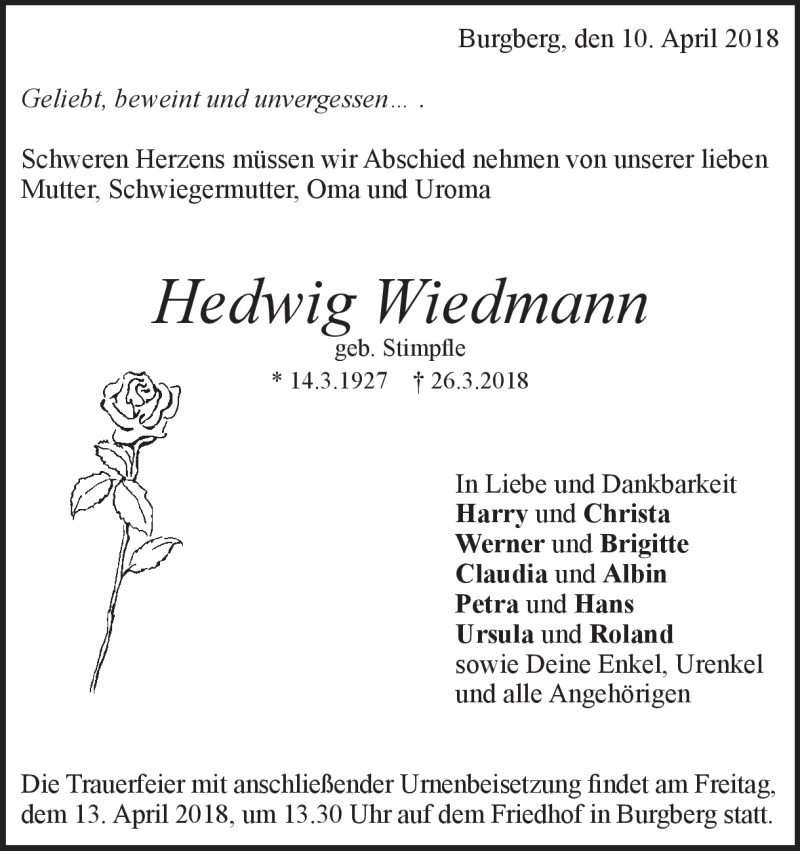  Traueranzeige für Hedwig Wiedmann vom 10.04.2018 aus Heidenheimer Zeitung
