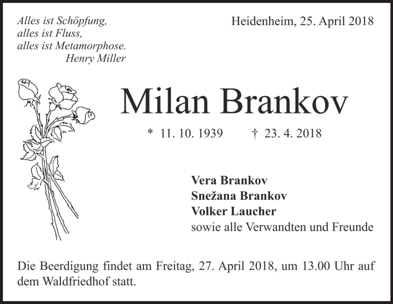  Traueranzeige für Milan Brankov vom 25.04.2018 aus Heidenheimer Zeitung