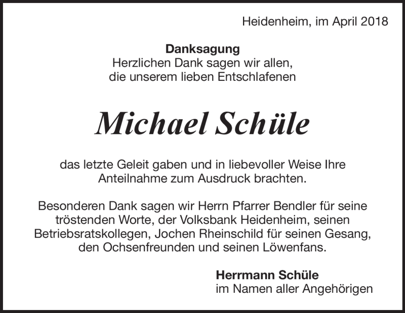  Traueranzeige für Michael Schüle vom 21.04.2018 aus Heidenheimer Zeitung
