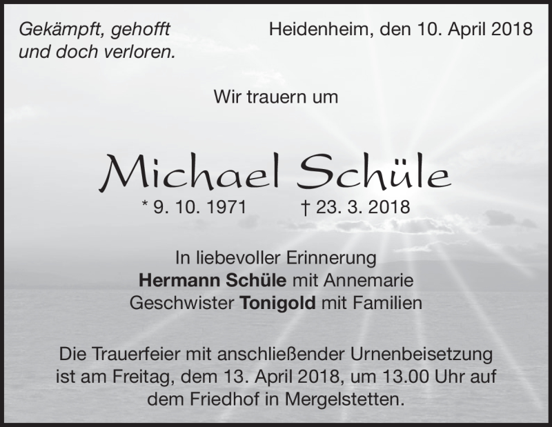  Traueranzeige für Michael Schüle vom 10.04.2018 aus Heidenheimer Zeitung
