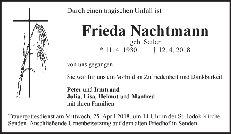  Traueranzeige für Frieda Nachtmann vom 21.04.2018 aus Heidenheimer Zeitung
