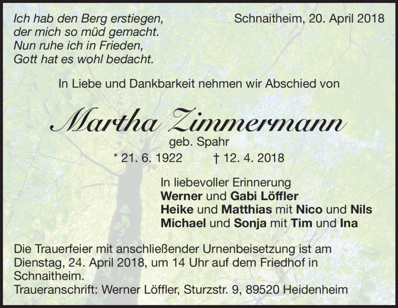 Traueranzeige für Martha Zimmermann vom 21.04.2018 aus Heidenheimer Zeitung