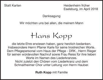 Traueranzeige von Hans Kopp von Heidenheimer Zeitung