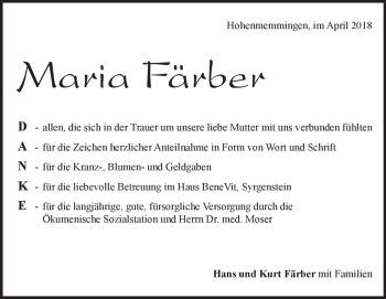 Traueranzeige von Maria Färber von Heidenheimer Zeitung