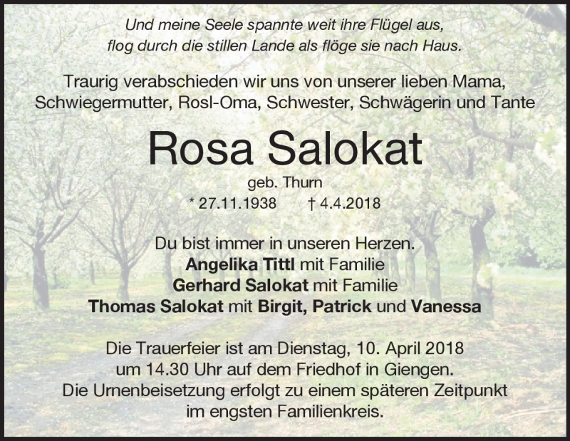 Traueranzeige für Rosa Salokat vom 07.04.2018 aus Heidenheimer Zeitung