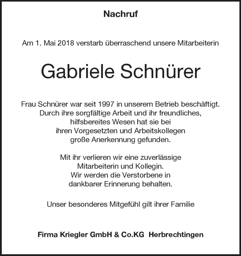  Traueranzeige für Gabriele Schnürer vom 12.05.2018 aus Heidenheimer Zeitung