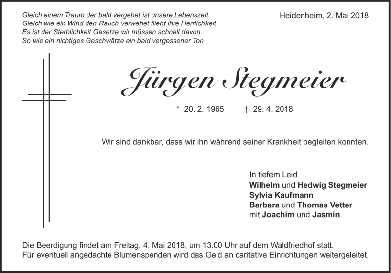  Traueranzeige für Jürgen  Stegmeier vom 02.05.2018 aus Heidenheimer Zeitung
