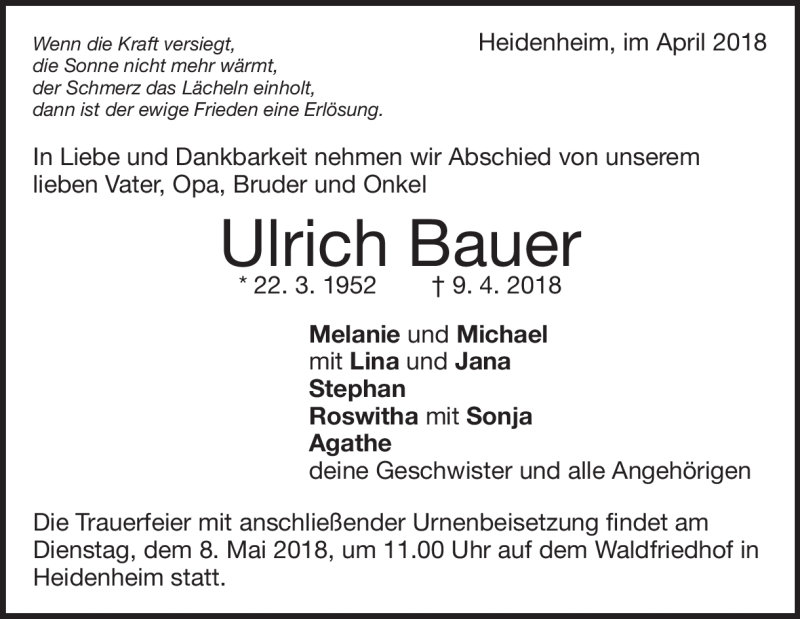  Traueranzeige für Ulrich Bauer vom 02.05.2018 aus Heidenheimer Zeitung