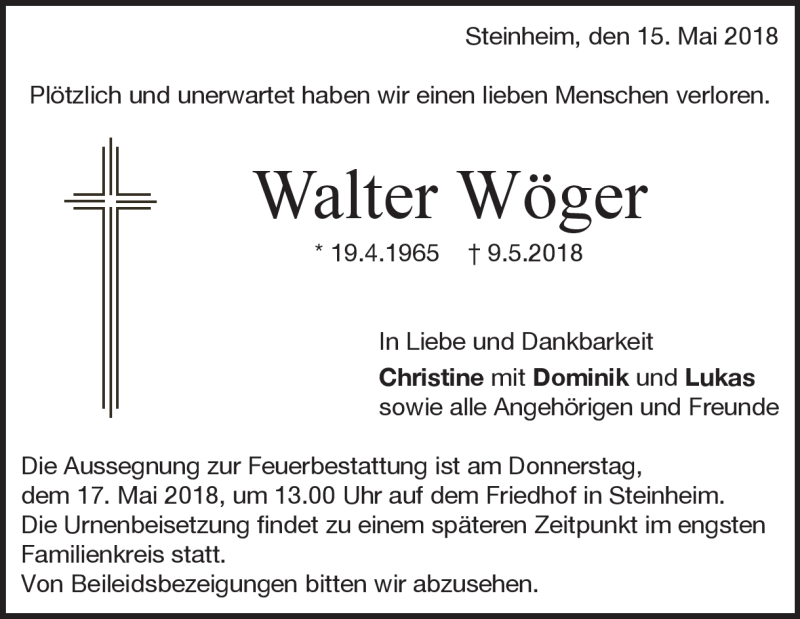  Traueranzeige für Walter  Wöger vom 15.05.2018 aus Heidenheimer Zeitung