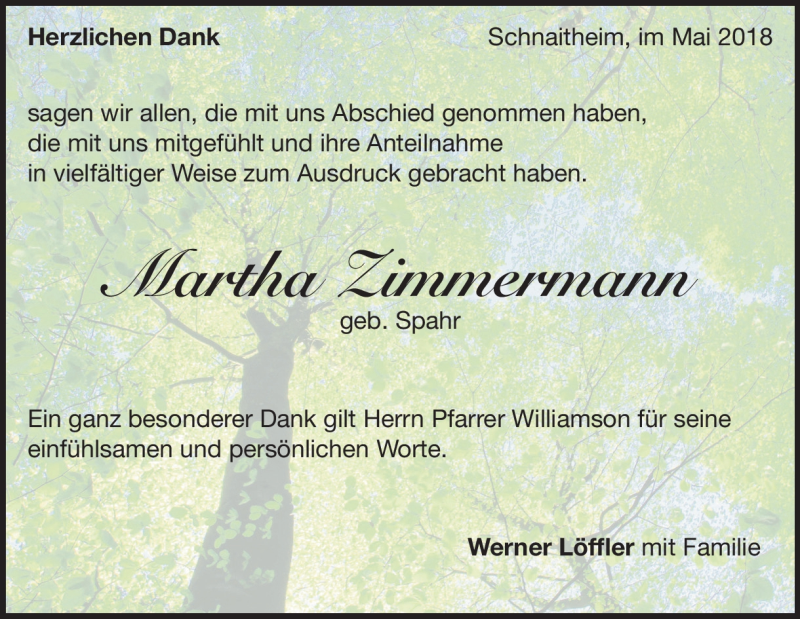  Traueranzeige für Martha Zimmermann vom 09.05.2018 aus Heidenheimer Zeitung