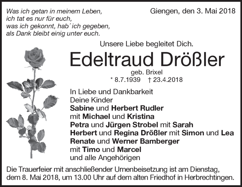  Traueranzeige für Edeltraud Drößler vom 03.05.2018 aus Heidenheimer Zeitung