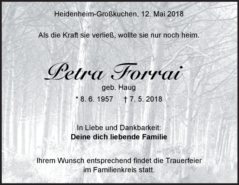  Traueranzeige für Petra Forrai vom 12.05.2018 aus Heidenheimer Zeitung